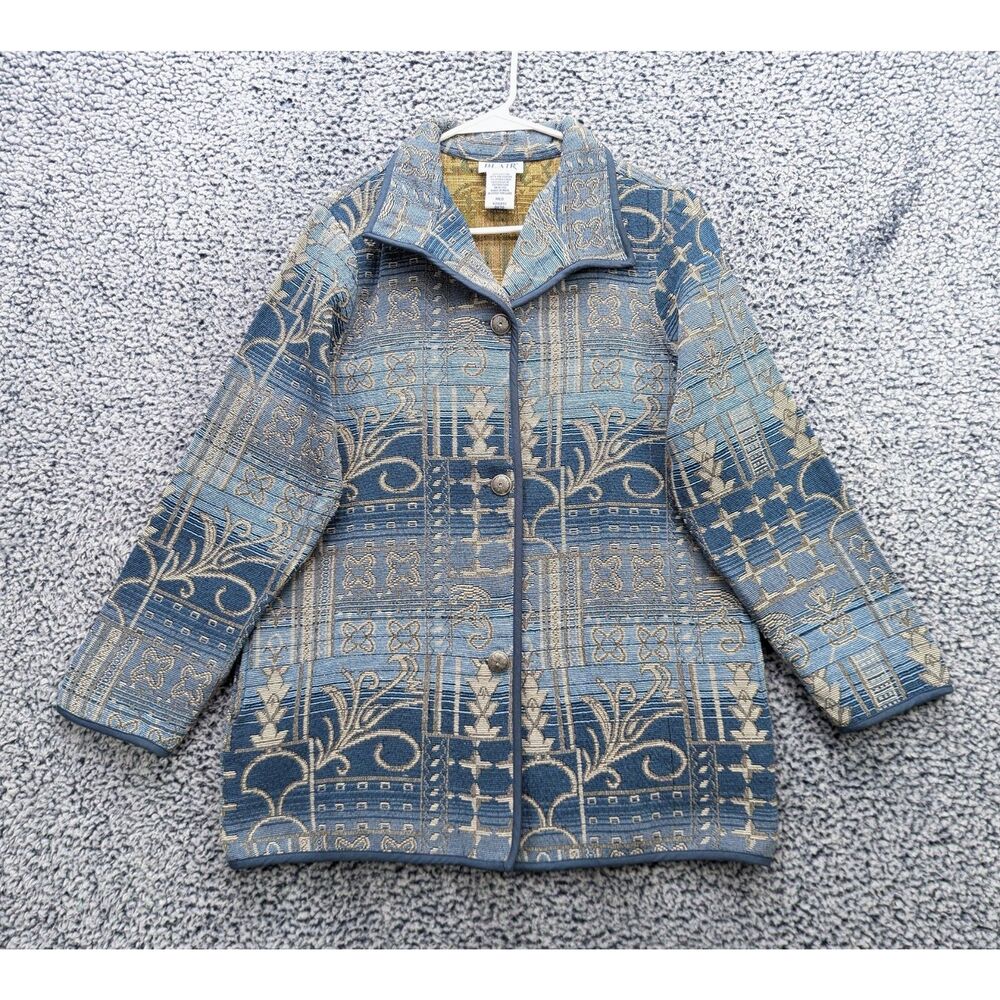 VTG Floral Boho Tapestry Jacket Size M Oversized Hippie Patchwork Metallic Blue